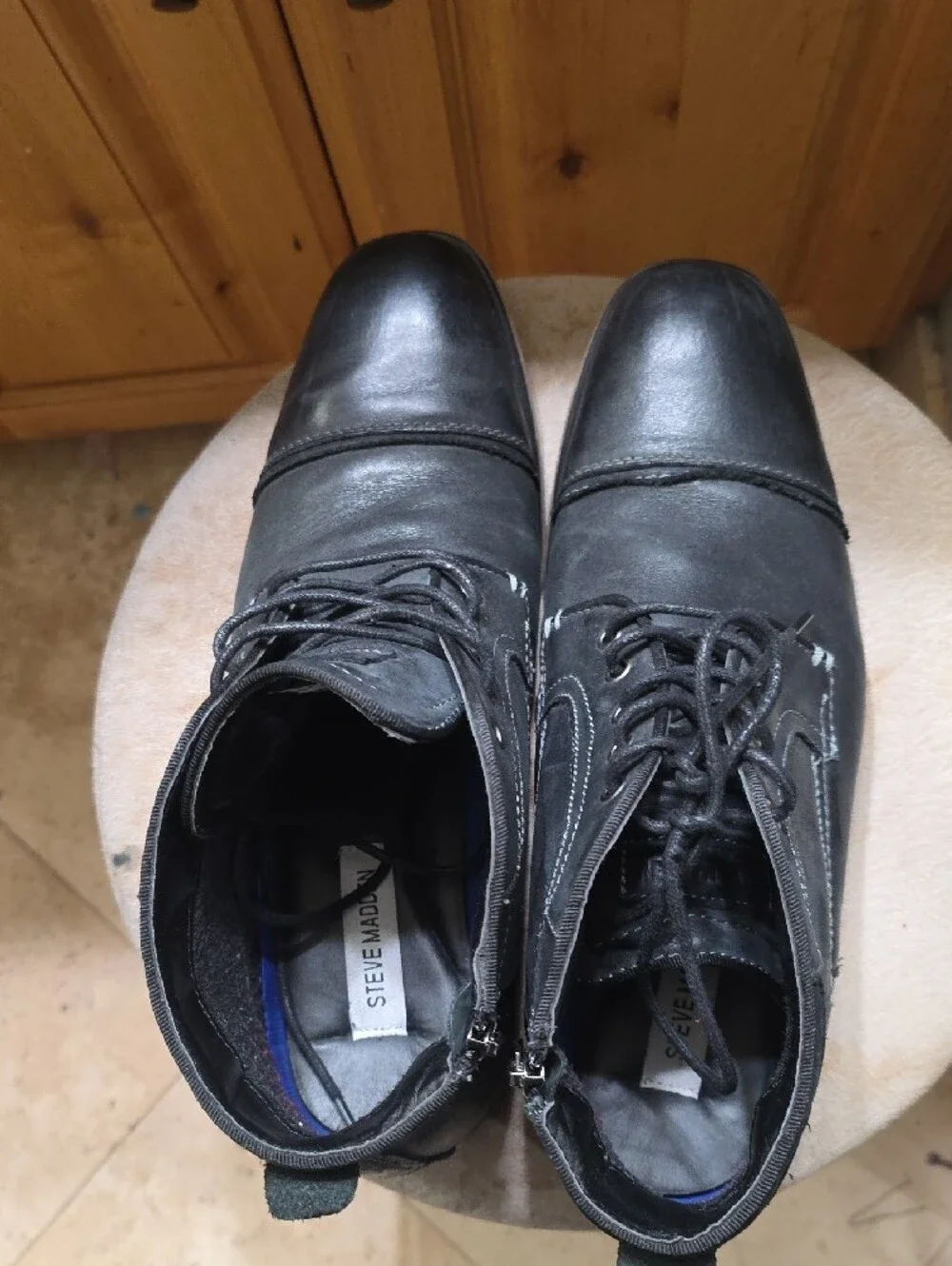 Steve Madden Black Leather P-Kaplan Lace-Up Boots